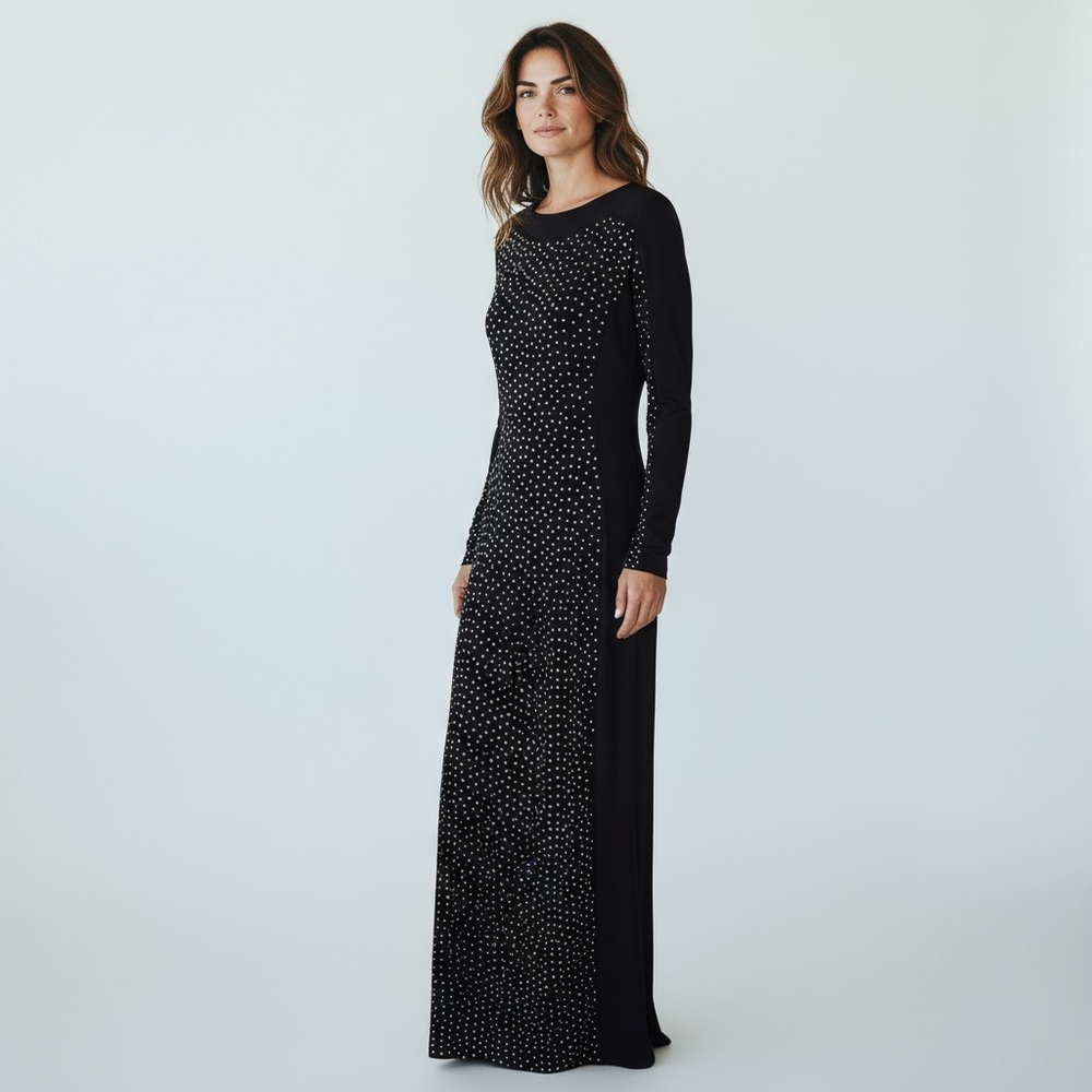 Calvin Klein Black Rhinestone Stud Long Sleeve Gown Elegant Maxi Evening Dress